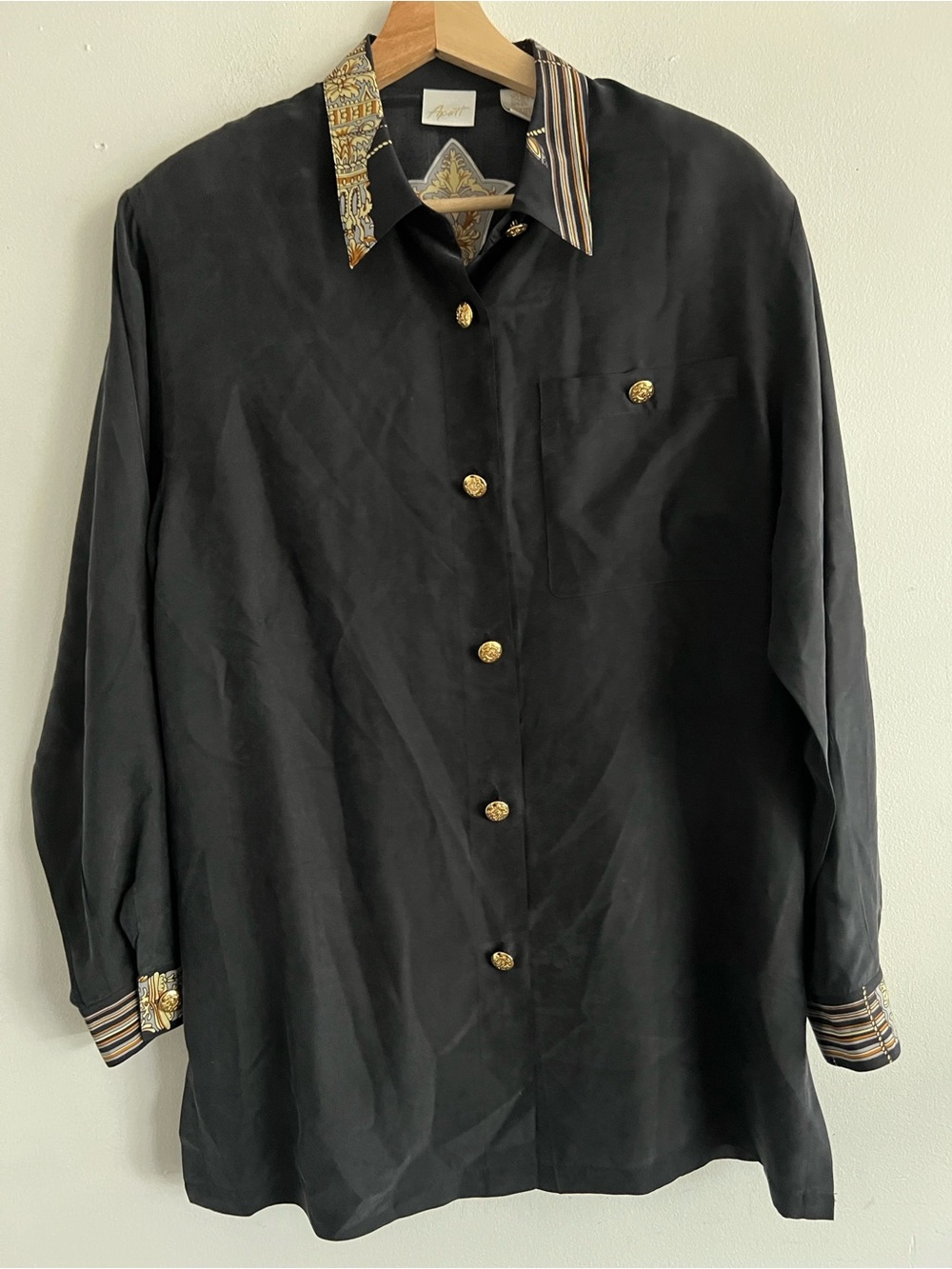 Black Button-Up Blouse with Patterned Contrast Collar and Cuffs100% Silk